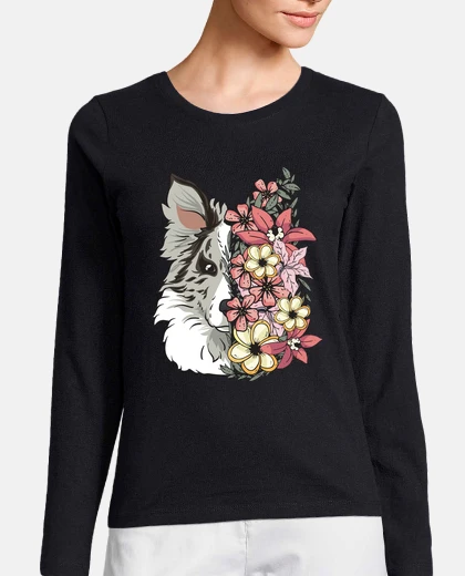 Tee-shirt border collie bleu merle avec des fleur