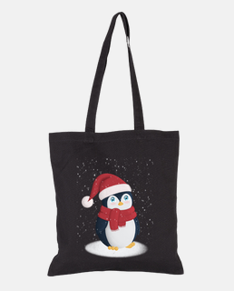 borsa in tela con adorable pinguino natalizio, nera