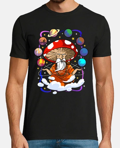 Tee-shirt bouddha champignons et planètes yoga magie sorcier méditation bouddhisme zen