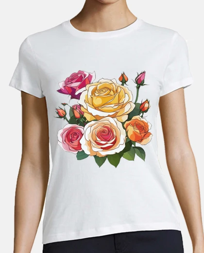 T-shirt bouquet di petali di boccioli di rose gialle rosse