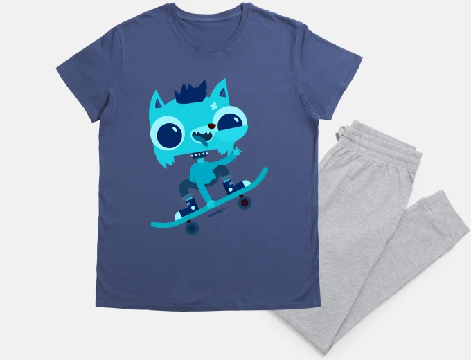 Pyjama boy pajamas cat on skateboard