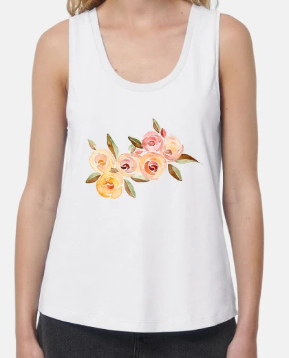 Tee-shirt bretelles larges et amples pour femme, blanches, fleurs aquarelles