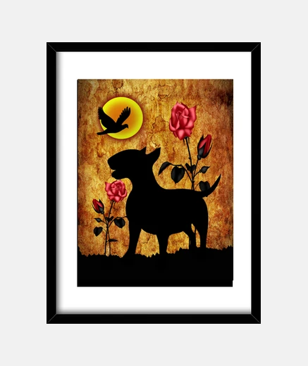 Framed bull terrier vintage roses