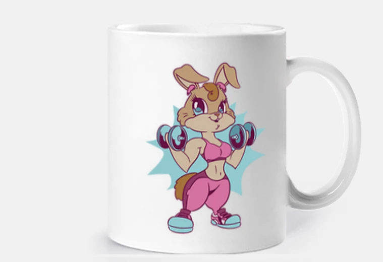 Cup bunny doing bodybuilding, fitness, vintage, funny drawing, cartoon,