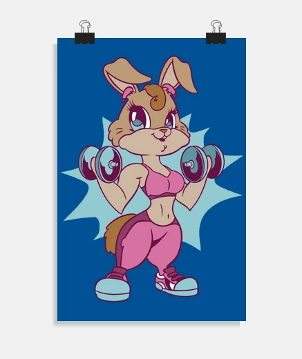 Poster bunny who does bodybuilding, fitness, vintage, poster decoration child&#39;s room