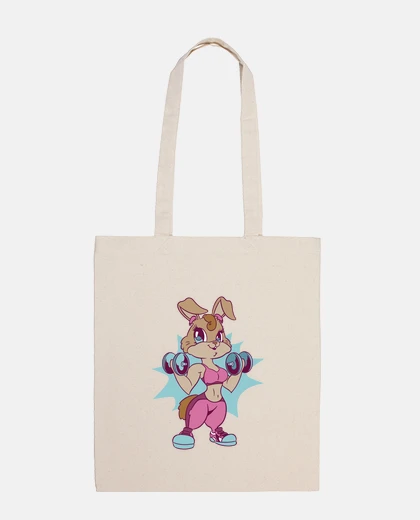 Bag bunny who does bodybuilding, fitness, vintage, women&#39;s bag, funny drawing, cartoon, ,