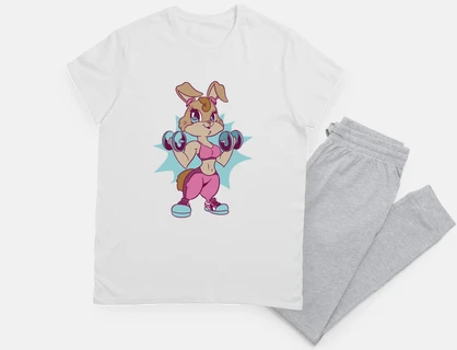 bunny doing bodybuilding, fitness, vintage, funny drawing, cartoon,