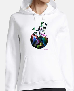butterflies, woman, hoodie, white