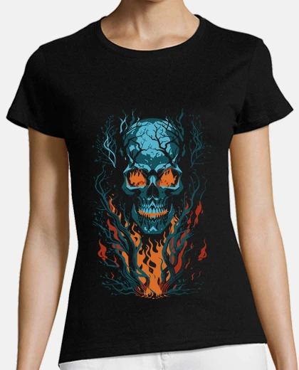 Playera calavera azul llamas y árboles cuello en v