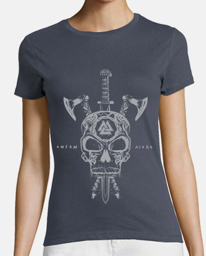 Camiseta Calavera Vikingos y Armas Gris