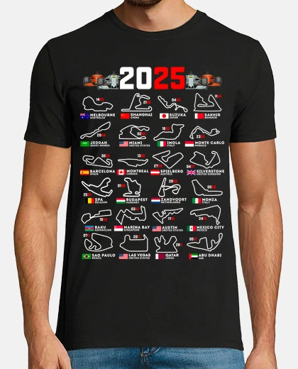 T-shirt calendario date circuiti f1 2025 regalo auto da corsa