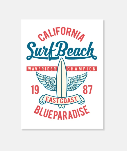 Tableau californie surf plage 1987 surf vintage des années 80 surfeur été toile
