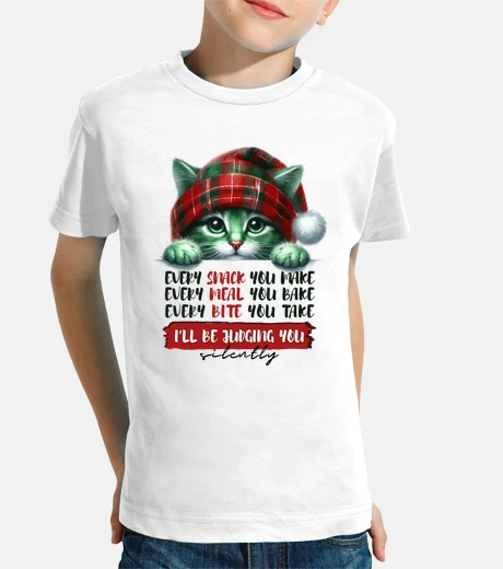Ropa camiseta de manga corta con divertido gato navideño que te juzga en silencio