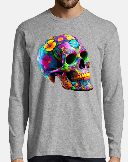 Camiseta Camiseta hombre mangas largas Calavera con flores multicolores fiuo