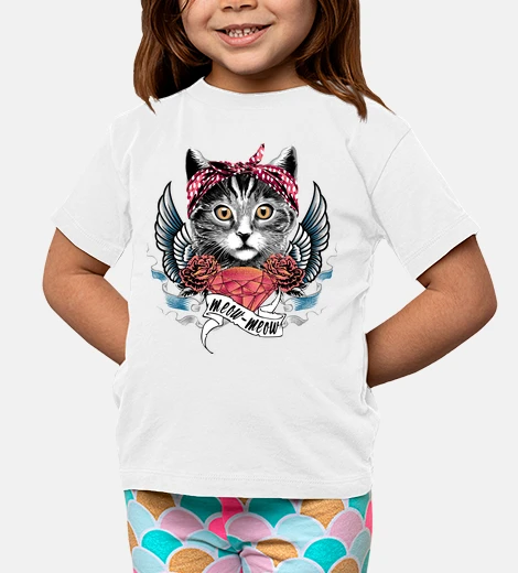 Ropa Camiseta Infantil Animales Gatos Bonita Gata Diamante Alas Rosas Rojas