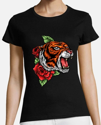 Camiseta Tigre Animales Rosas Rojas Tattoo Style