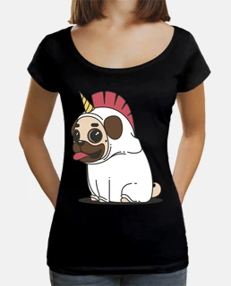 Camiseta de corte largo y ancho  Perro Carlino Unicornio Pug
