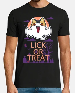 Camiseta Lick or Treat gato fantasma en cementerio morado