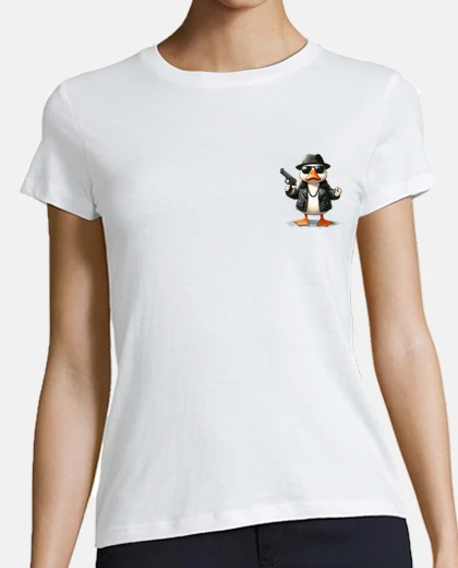Tee-shirt canard blouson de cuir lunettes noires col en V  logo niveau poitrine marque 