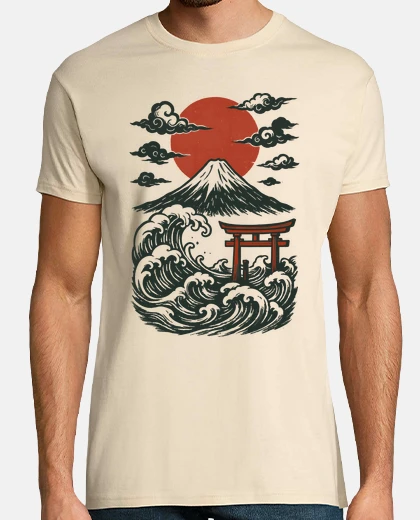 T-shirt cancello torii e fuji sotto il sole ros
