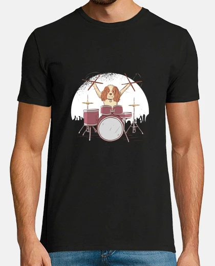 T-shirt cane batterista di una rock band, cane umoristico,