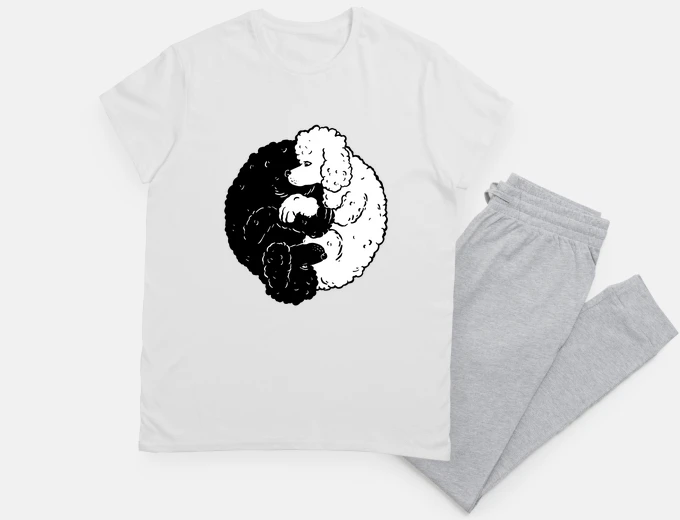 Pyjama Caniche en yin yang yoga animalier, t-shirt de nuit ,nuisette ,vêtement pour la nuit , animal de com