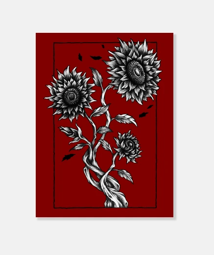 Wall canvas art sunflowers drawing plant retro style