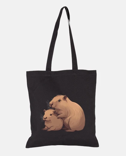 Bag capybara mom and her baby small beach tote bag