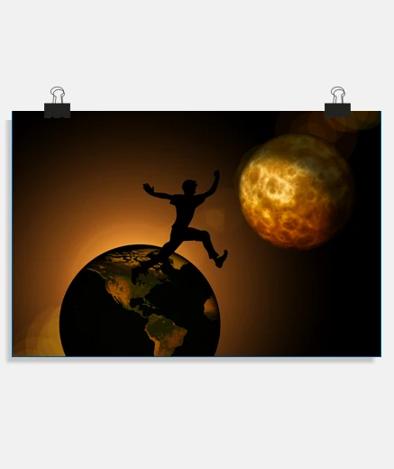 Póster cartel de hombre niño que salta a la luna decoración de carteles