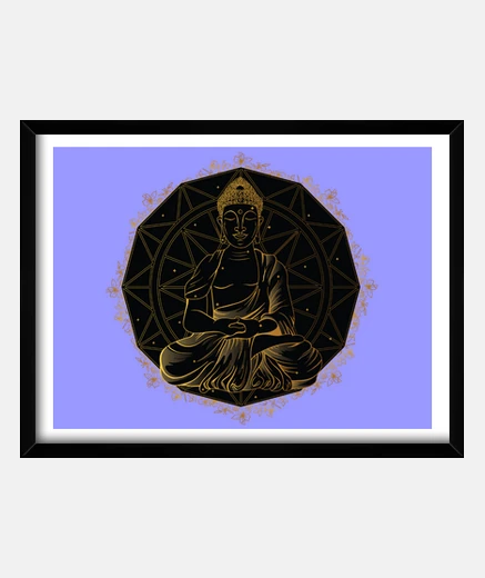 Cuadro cartel de marco púrpura de buda en meditación yoga y mandala