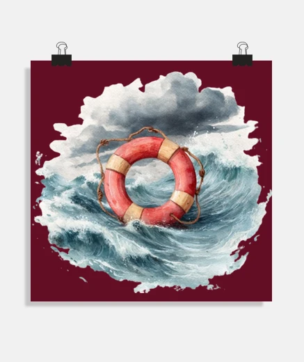 Póster cartel de rescate con salvavidas en el mar, oficina, barco, velero, catamarán, regatas, puerto, suba