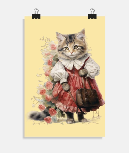 Póster cartel vintage del gatito del cottagecore del gato vestido cartel del pasillo de la sala de estar de