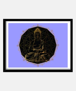 cartel de marco púrpura de buda en meditación yoga y mandala
