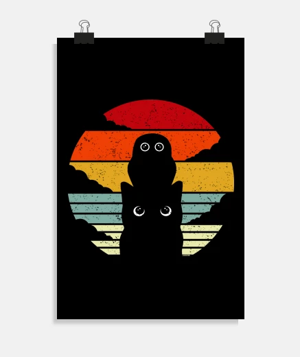Poster Cat and owl cute retro