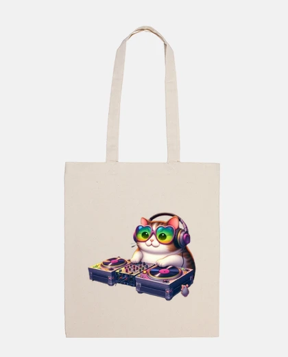 Bag cat dj turntables disco dancefloor fun bag student diary books shopping tote