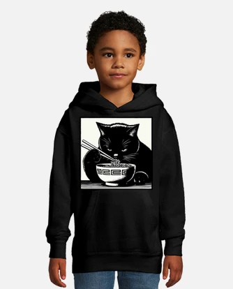 Cat eating ramen noodles anime kids hoodie tostadora