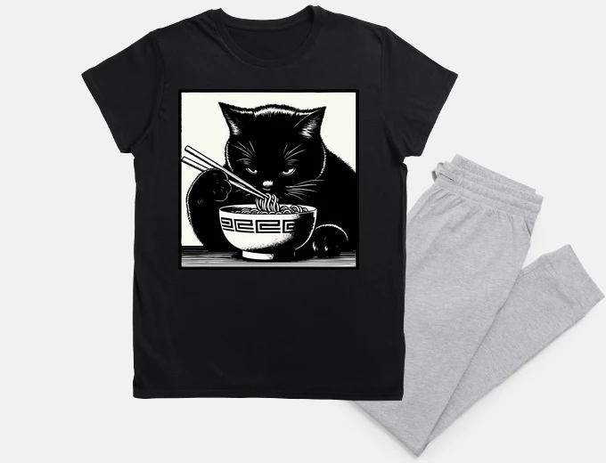Pyjama Cat Eating Ramen Noodles Anime