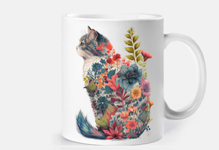 Cup cat flowers baroque boho style art cup breakfast decoration coffee tea figurine plush claws