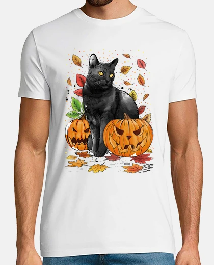T-shirt cat leaves and pumpkins