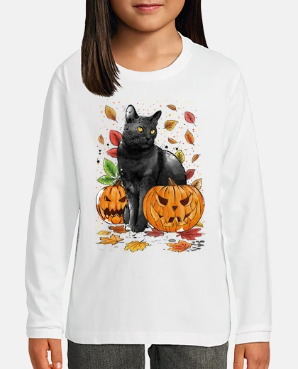 Kids cat leaves and pumpkins