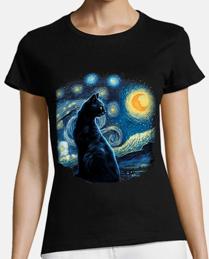 T-shirt cat night moon painting van gogh art animals cats