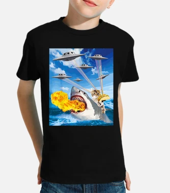 Cat riding a shark t shirt online
