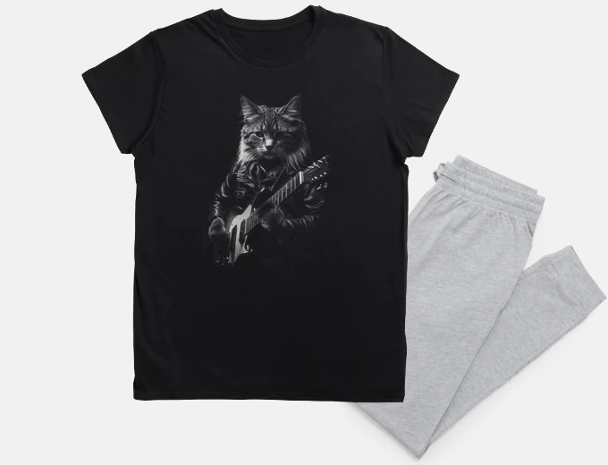 Pyjama cat who plays rock leather jacket realistic drawing