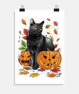 cat leaves and pumpkins