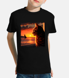 cat looking at sunset landscape