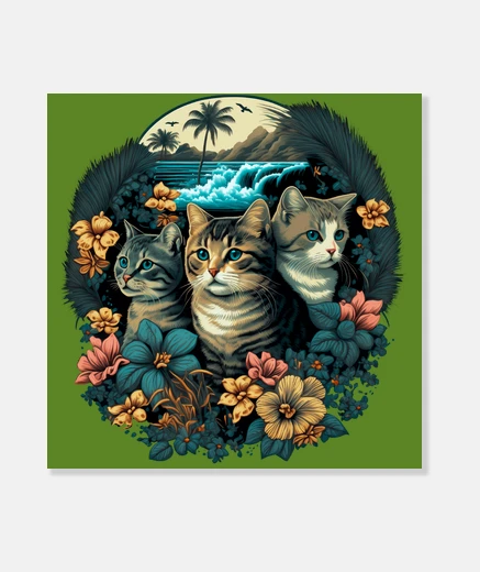 Wall cats beach surfer hawaii palm trees animals t-shirt