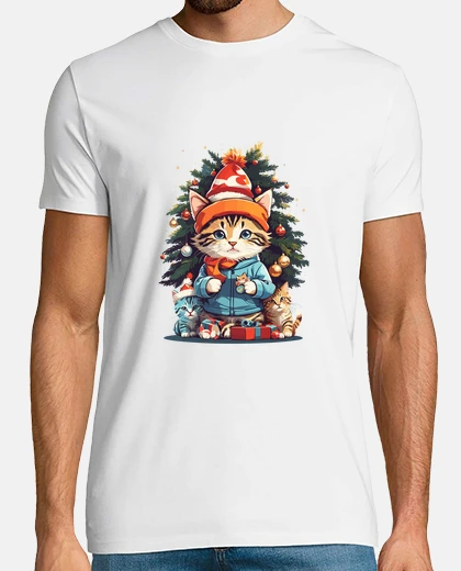 Tee-shirt Cats celebrate Christmas with a lighted tree
