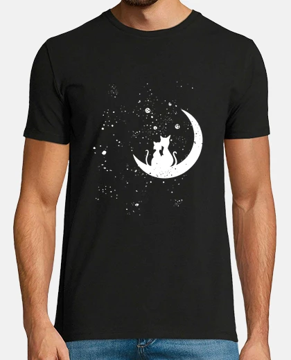 T-shirt cats in love sitting crescent moon, too cute, so romantic