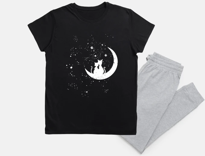 Pyjama cats in the moonlight in love valentines day. good night little ones, romantic.