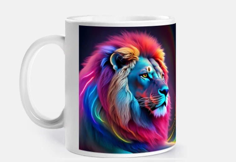 Cup ceramic mug, lion, neon, majestic, fierce,